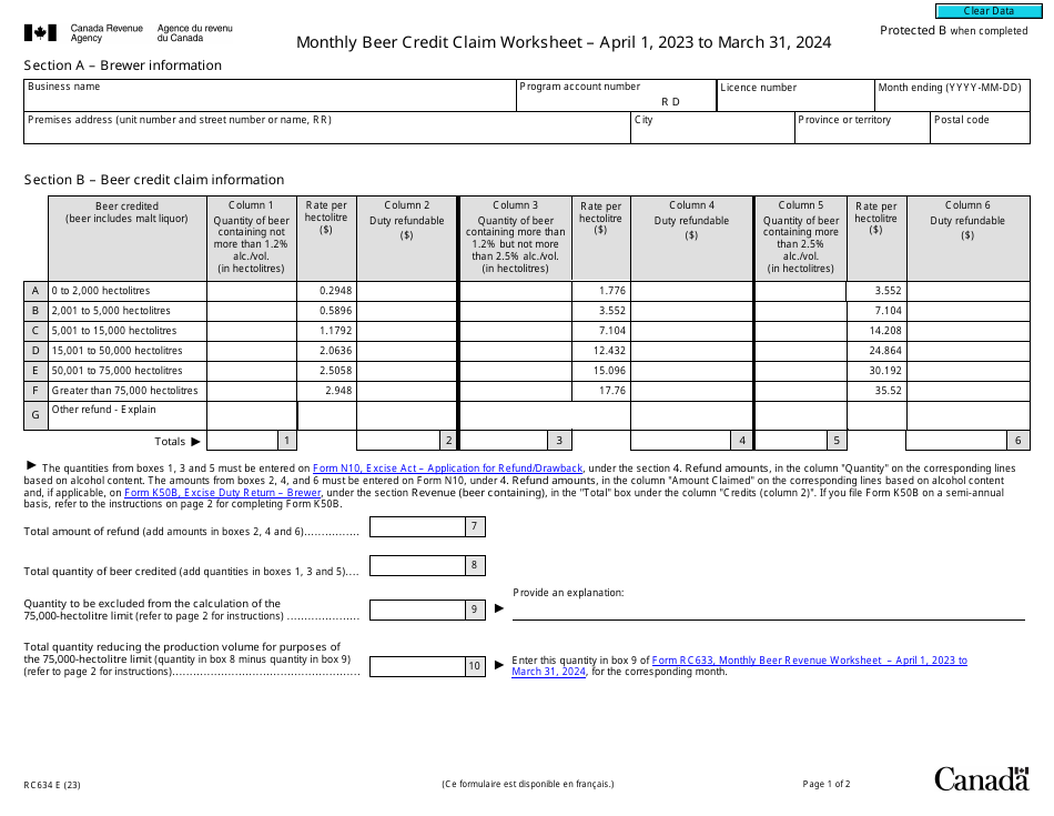 Form RC634 Monthly Beer Credit Claim Worksheet - April 1, 2023 to March 31, 2024 - Canada, Page 1