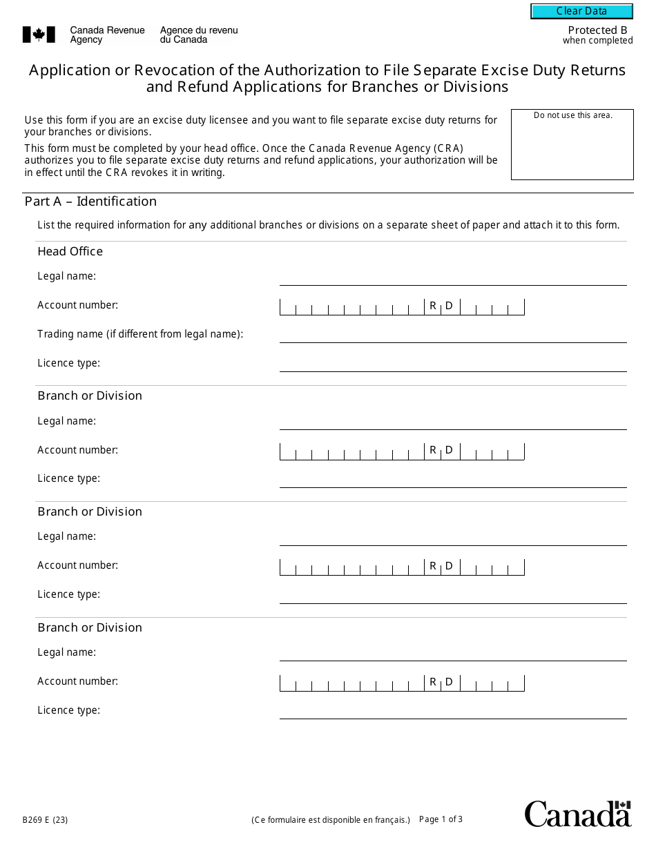 Form B269 Application or Revocation of the Authorization to File Separate Excise Duty Returns and Refund Applications for Branches or Divisions - Canada, Page 1