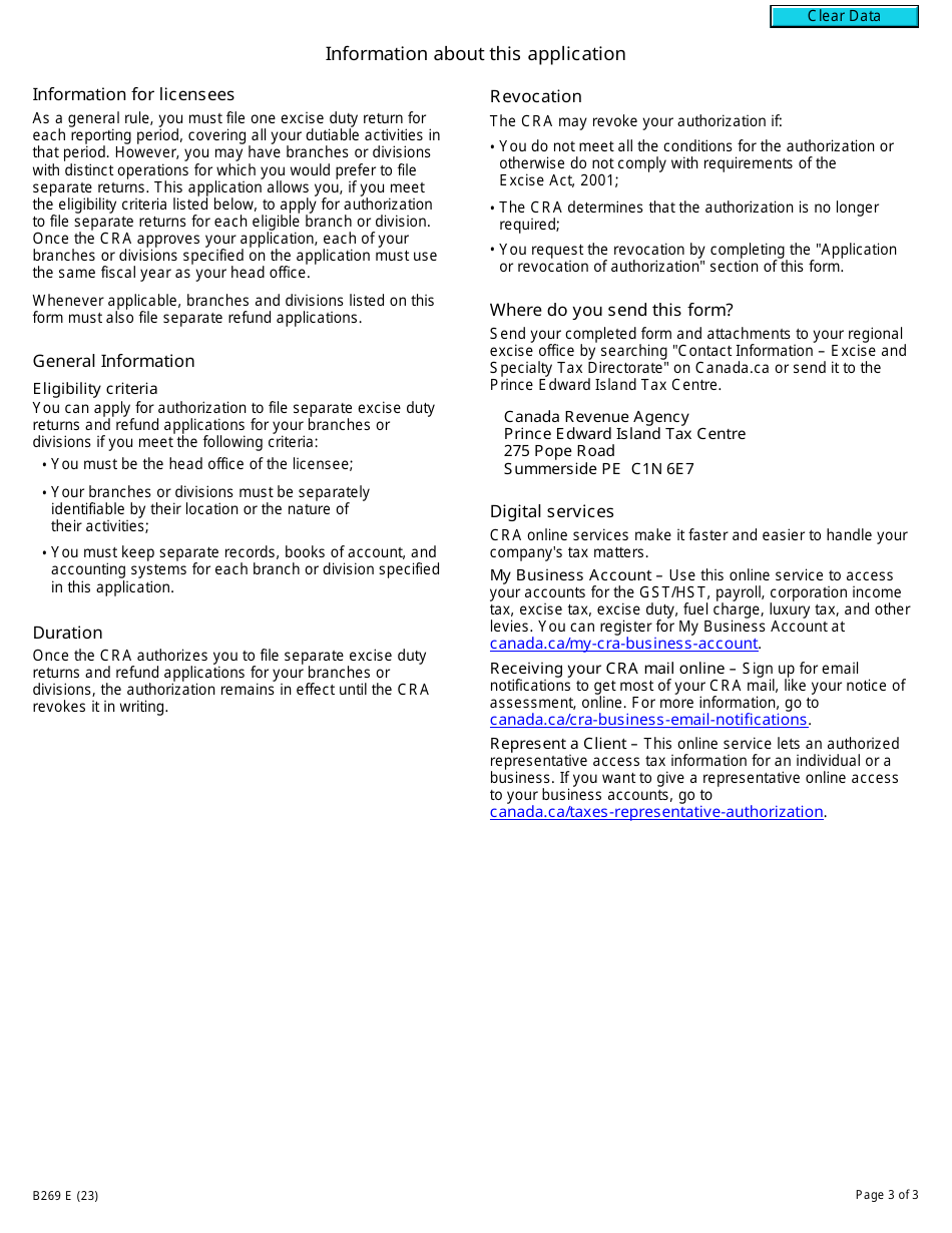 Form B269 Application or Revocation of the Authorization to File Separate Excise Duty Returns and Refund Applications for Branches or Divisions - Canada, Page 3