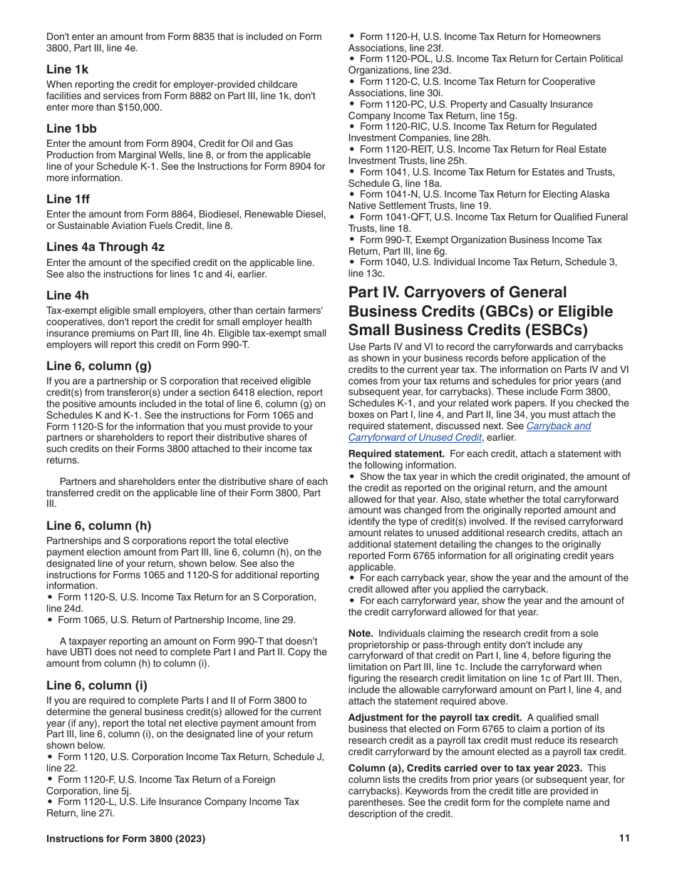 Instructions for IRS Form 3800 General Business Credit, Page 11
