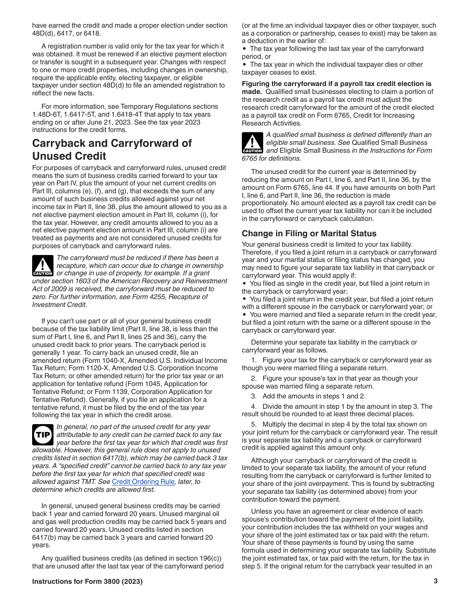 Instructions for IRS Form 3800 General Business Credit, Page 3