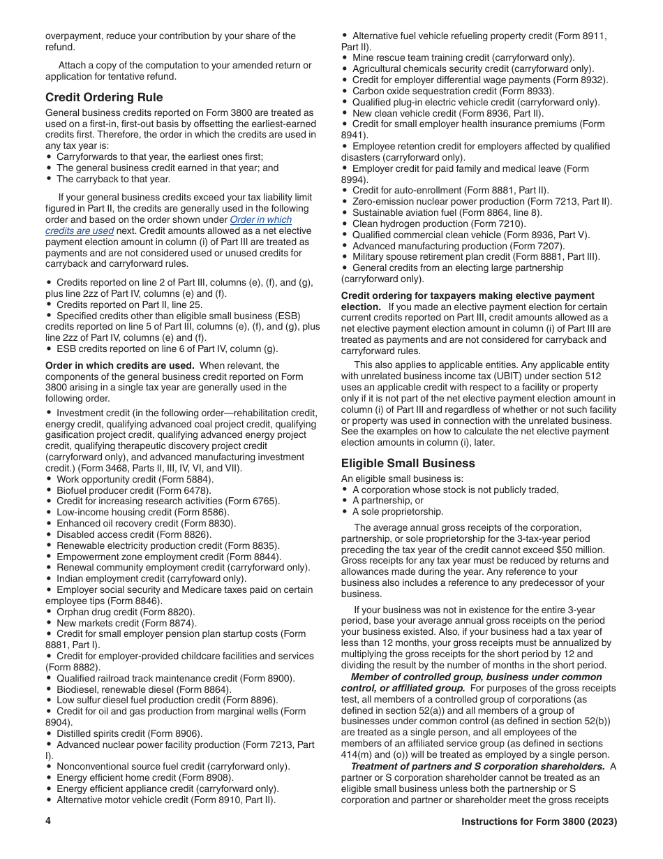 Instructions for IRS Form 3800 General Business Credit, Page 4