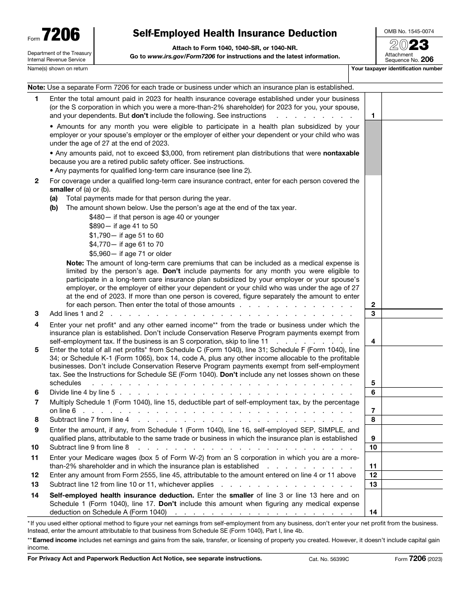 IRS Form 7206 Self-employed Health Insurance Deduction, Page 1