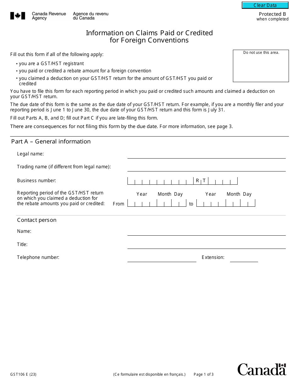 Form GST106 Information on Claims Paid or Credited for Foreign Conventions - Canada, Page 1