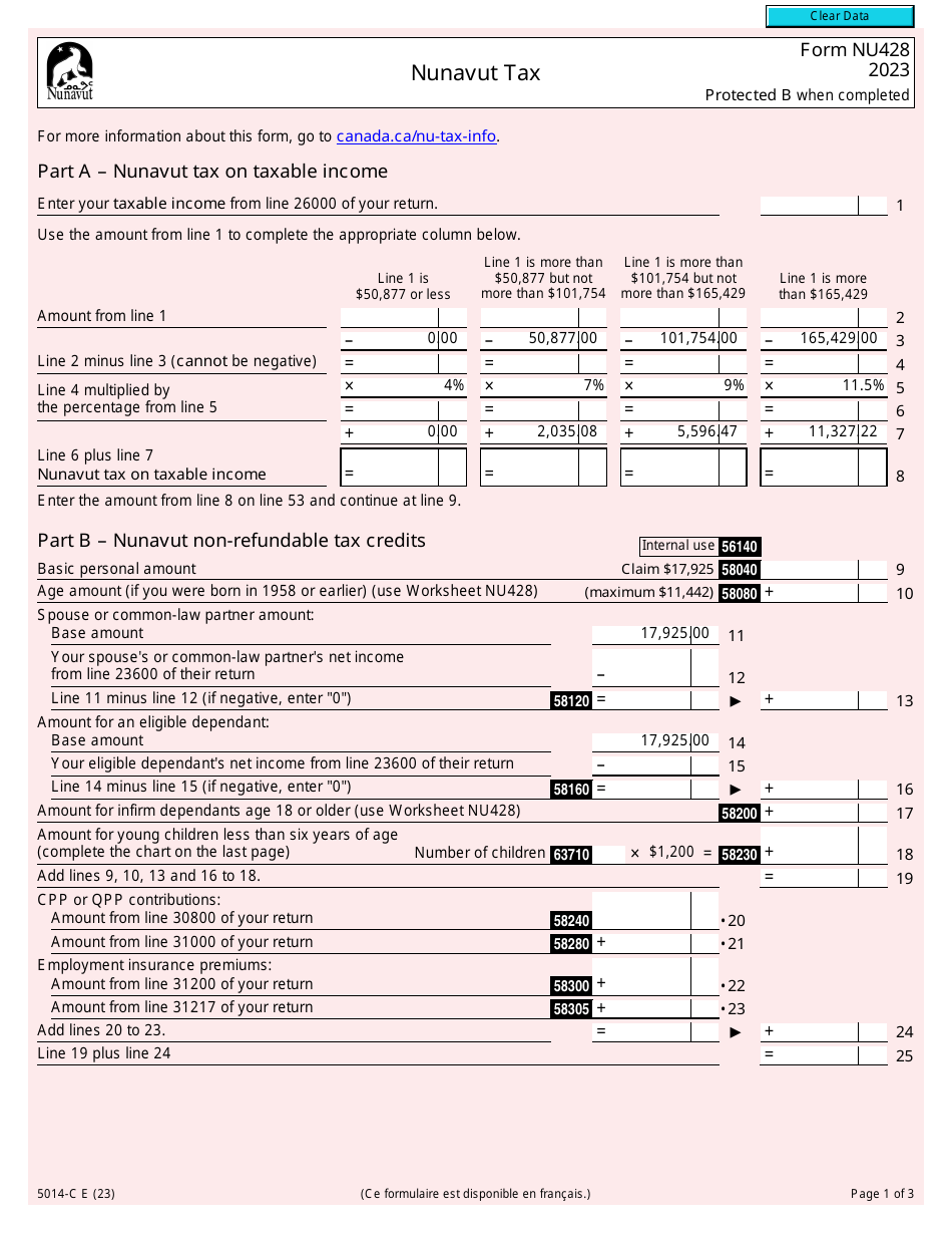 Form 5014C (NU428) Download Fillable PDF or Fill Online Nunavut Tax 2023, Canada 2020 — 2024