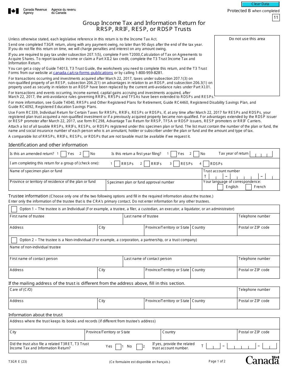 Form T3GR Group Income Tax and Information Return for Rrsp, Rrif, Resp, or Rdsp Trusts - Canada, Page 1