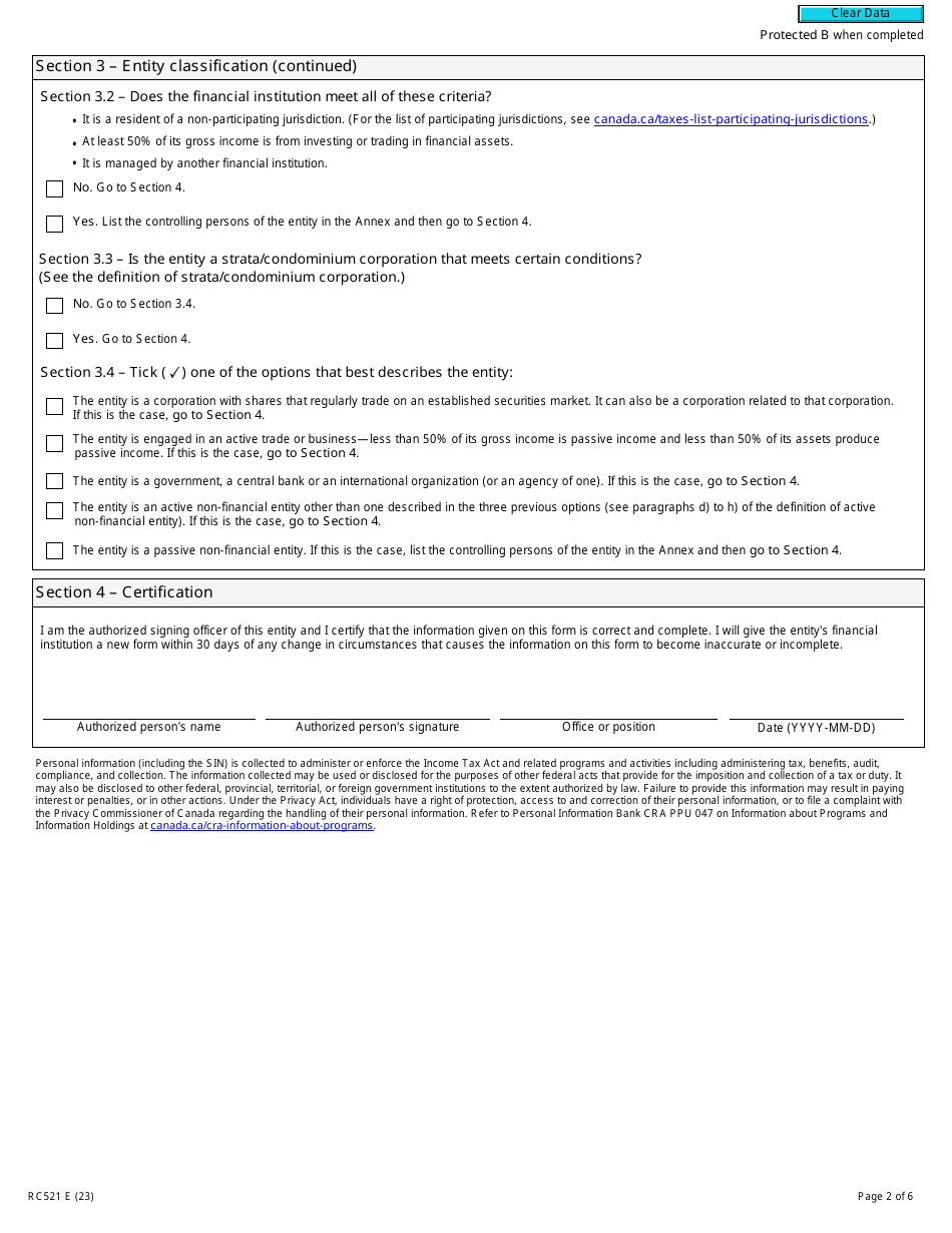 Form RC521 Declaration of Tax Residence for Entities - Part Xix of the Income Tax Act - Canada, Page 2