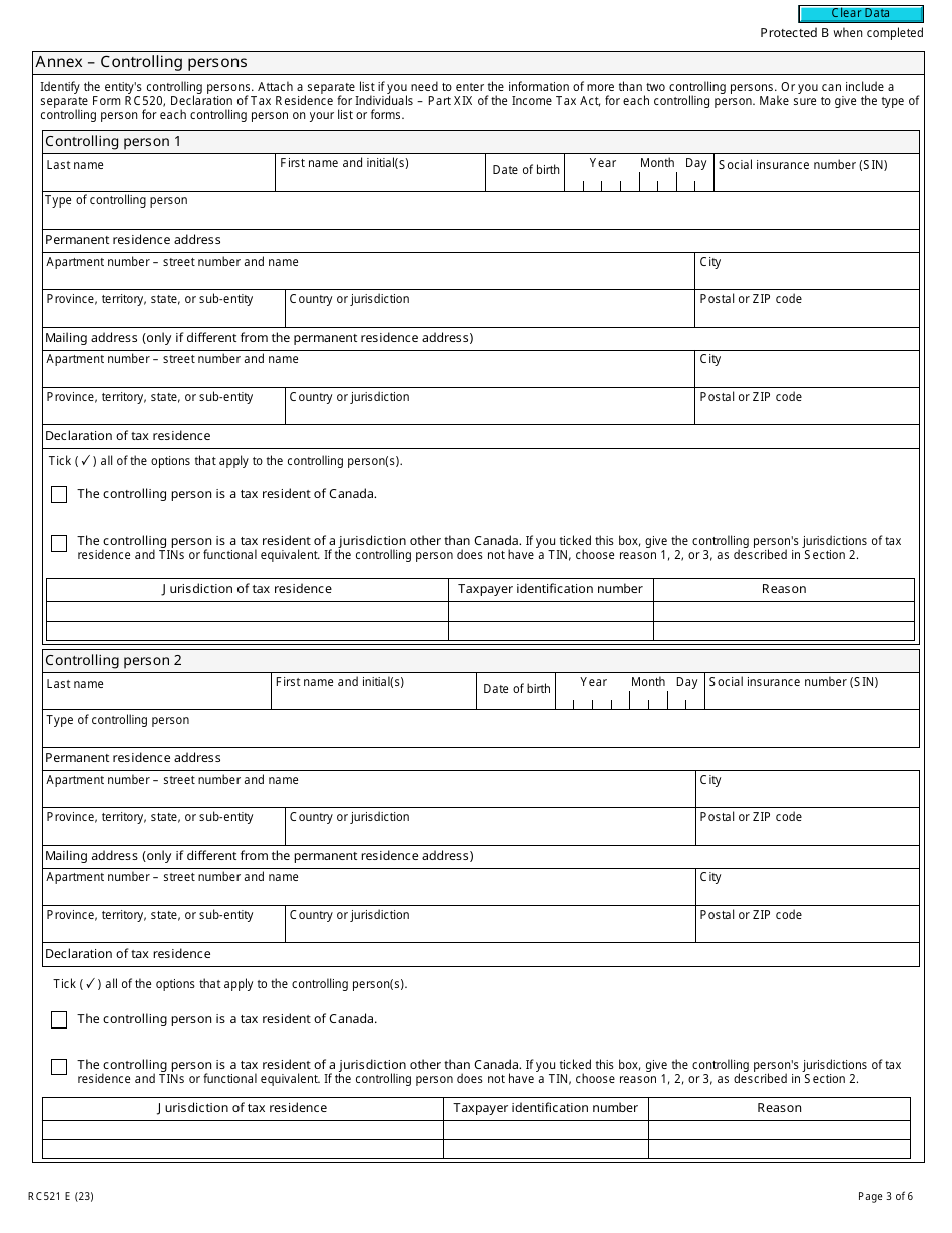 Form RC521 Declaration of Tax Residence for Entities - Part Xix of the Income Tax Act - Canada, Page 3