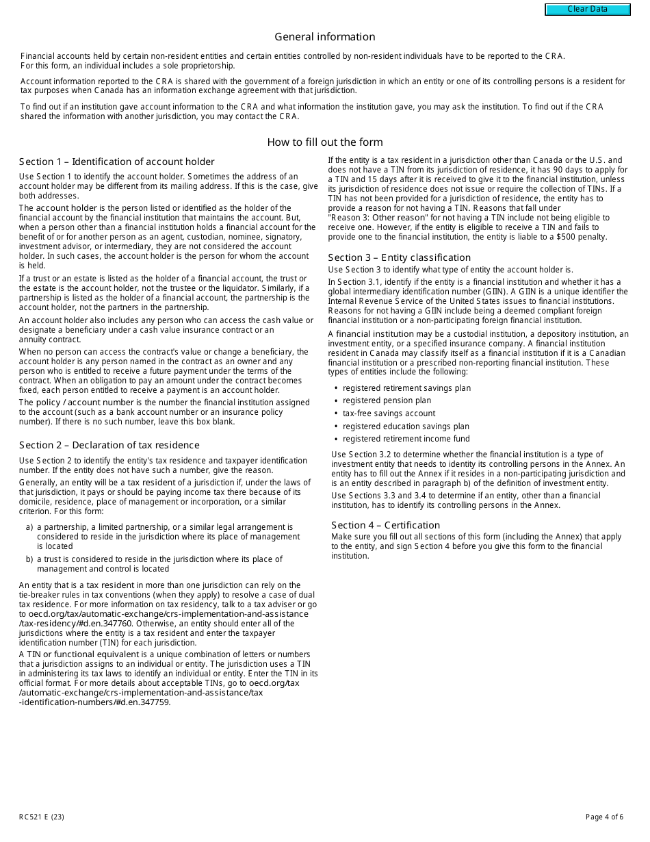 Form RC521 Declaration of Tax Residence for Entities - Part Xix of the Income Tax Act - Canada, Page 4