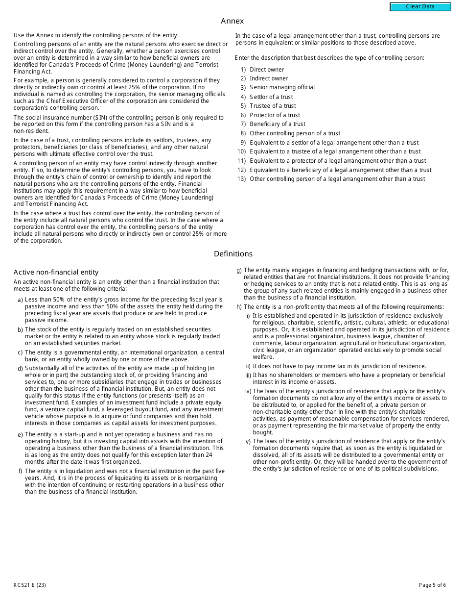 Form RC521 Declaration of Tax Residence for Entities - Part Xix of the Income Tax Act - Canada, Page 5