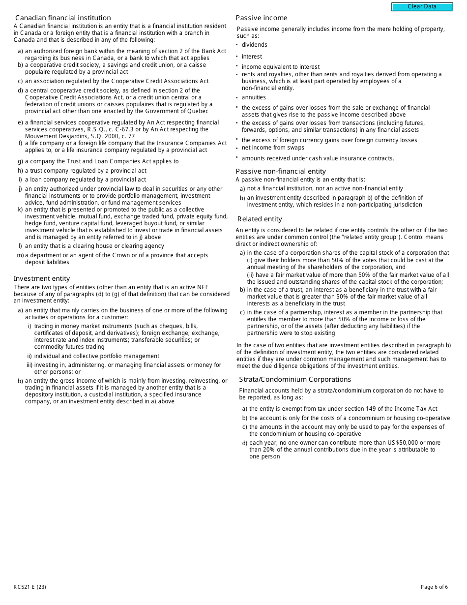 Form RC521 Declaration of Tax Residence for Entities - Part Xix of the Income Tax Act - Canada, Page 6