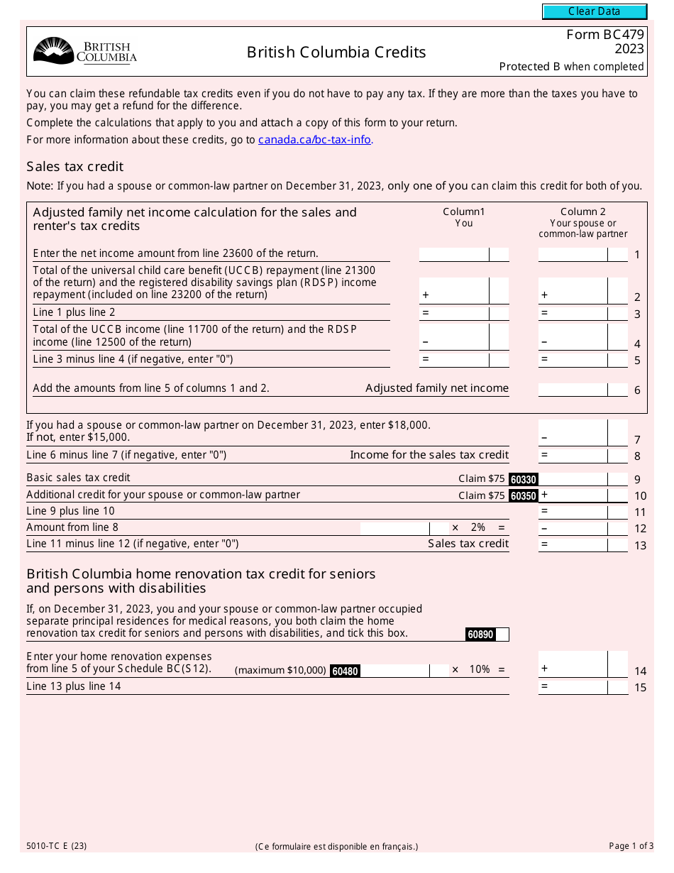 Form BC479 (5010-TC) British Columbia Credits - Canada, Page 1