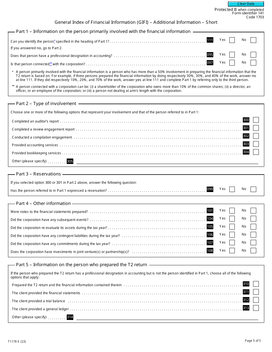 Form T1178 General Index of Financial Information - Short - Canada, Page 5
