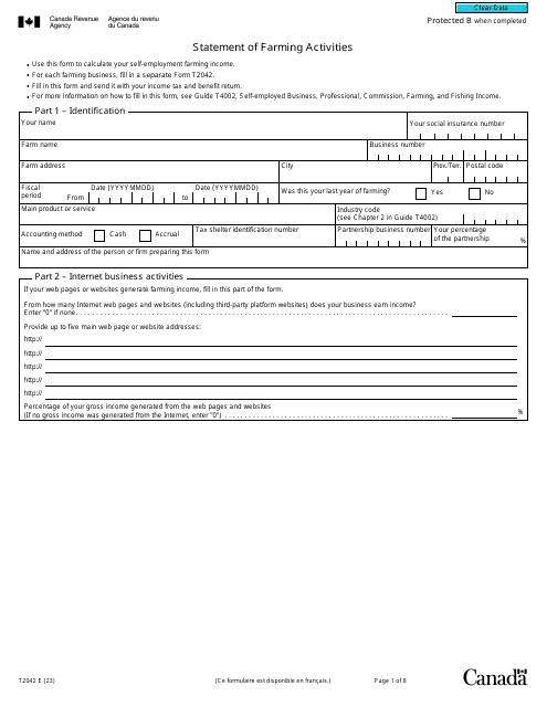 Form T2042 Statement of Farming Activities - Canada