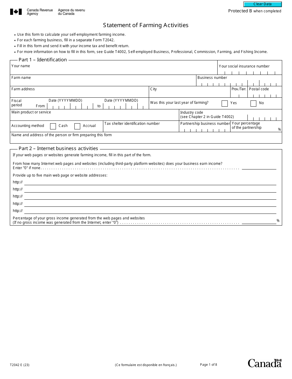 Form T2042 Statement of Farming Activities - Canada, Page 1