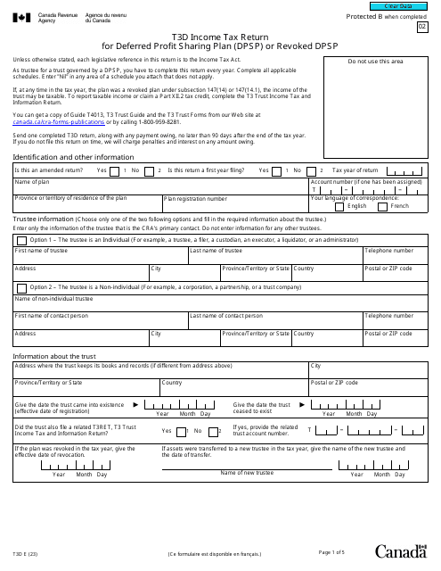 Form T3D Income Tax Return for Deferred Profit Sharing Plan (Dpsp) or Revoked Dpsp - Canada
