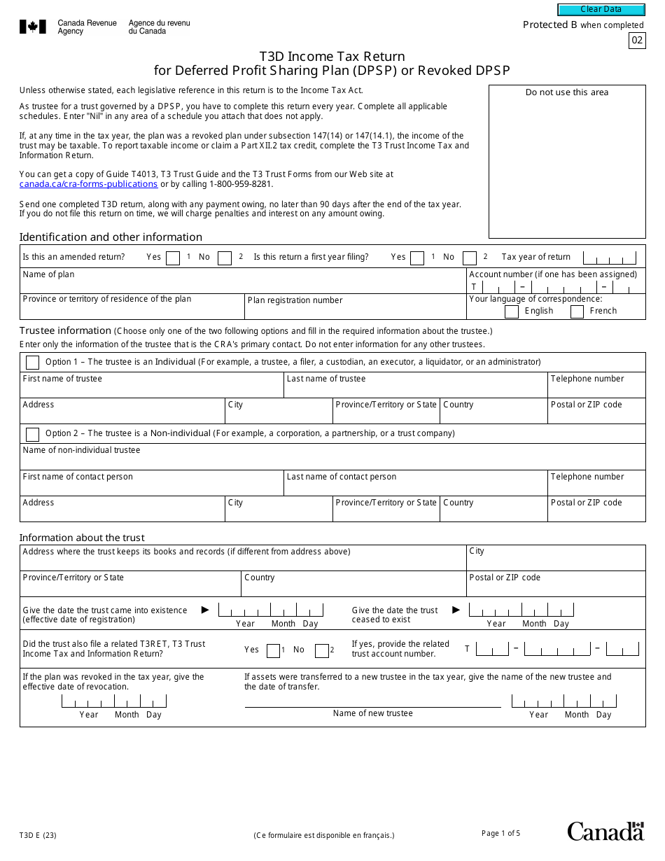 Form T3D Income Tax Return for Deferred Profit Sharing Plan (Dpsp) or Revoked Dpsp - Canada, Page 1