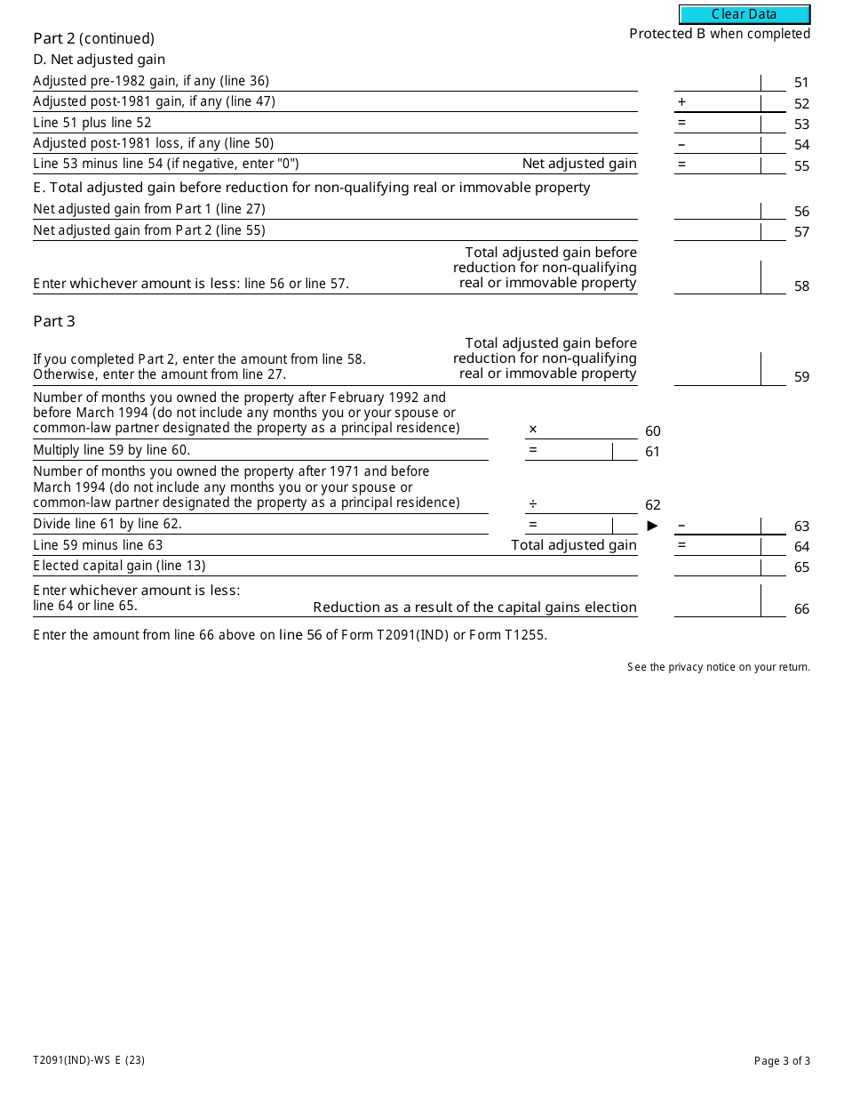 Form T2091(IND)-WS Principal Residence Worksheet - Canada, Page 3