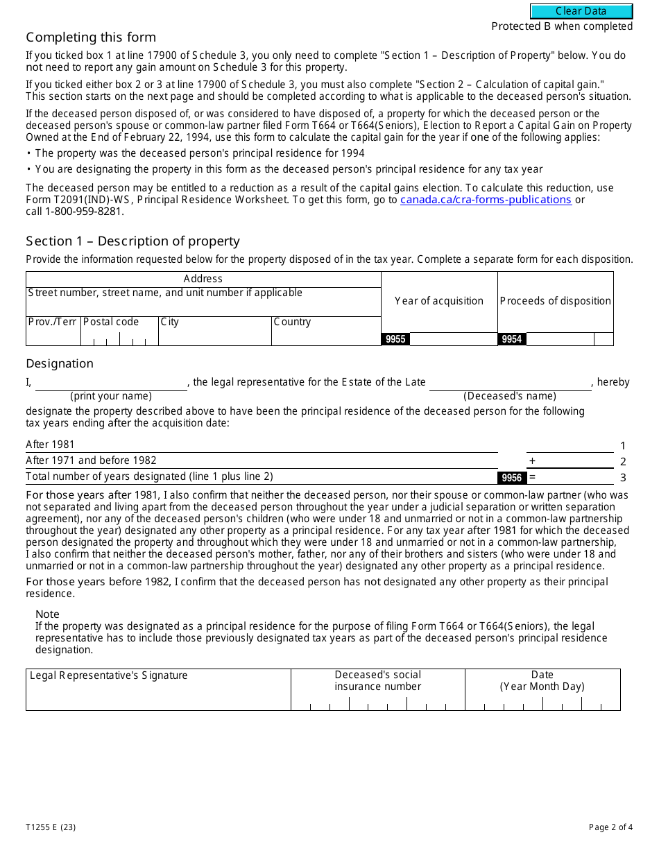 Form T1255 Designation of a Property as a Principal Residence by the Legal Representative of a Deceased Individual - Canada, Page 2