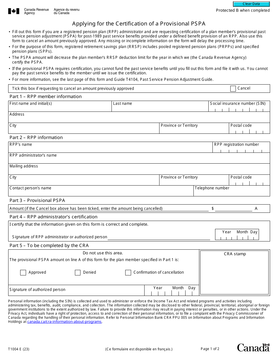 Form T1004 Applying for the Certification of a Provisional Pspa - Canada, Page 1