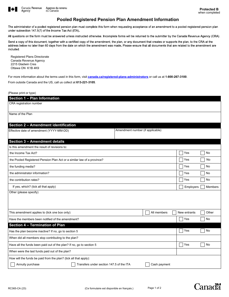 Form RC365-CA Pooled Registered Pension Plan Amendment Information - Canada, Page 1