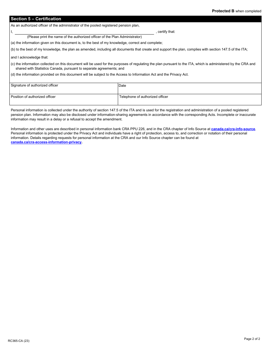 Form RC365-CA Pooled Registered Pension Plan Amendment Information - Canada, Page 2