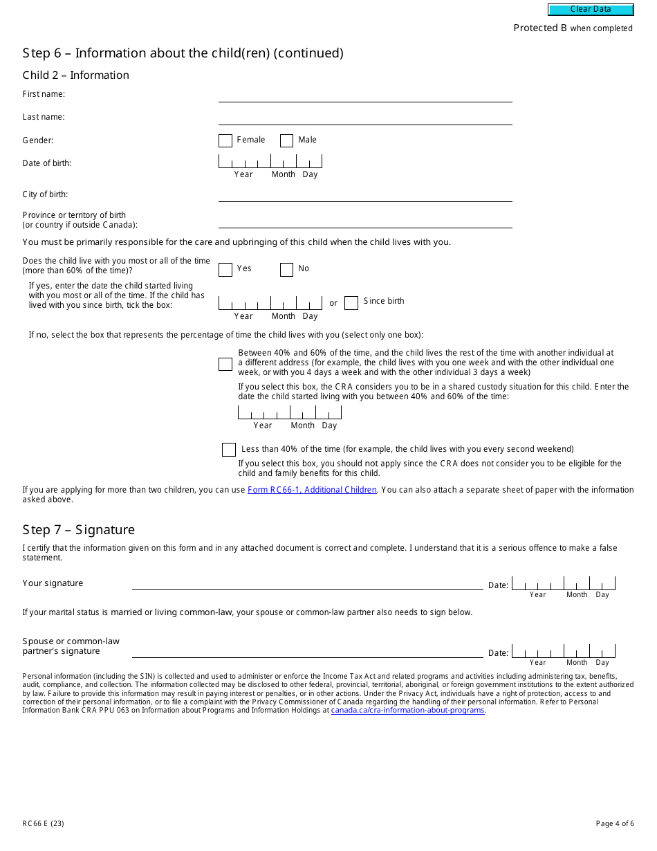 Form RC66 Canada Child Benefits Application Includes Federal, Provincial, and Territorial Programs - Canada, Page 4