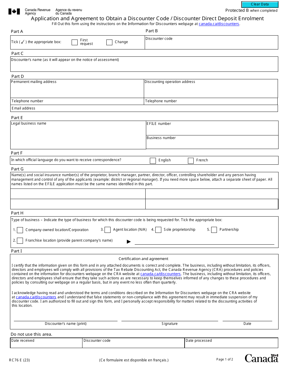 Form RC76 Application and Agreement to Obtain a Discounter Code / Discounter Direct Deposit Enrolment - Canada, Page 1