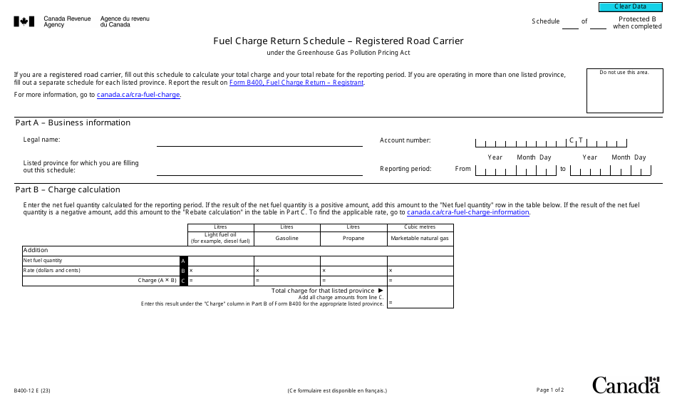 Form B400-12 Fuel Charge Return Schedule - Registered Road Carrier - Canada, Page 1