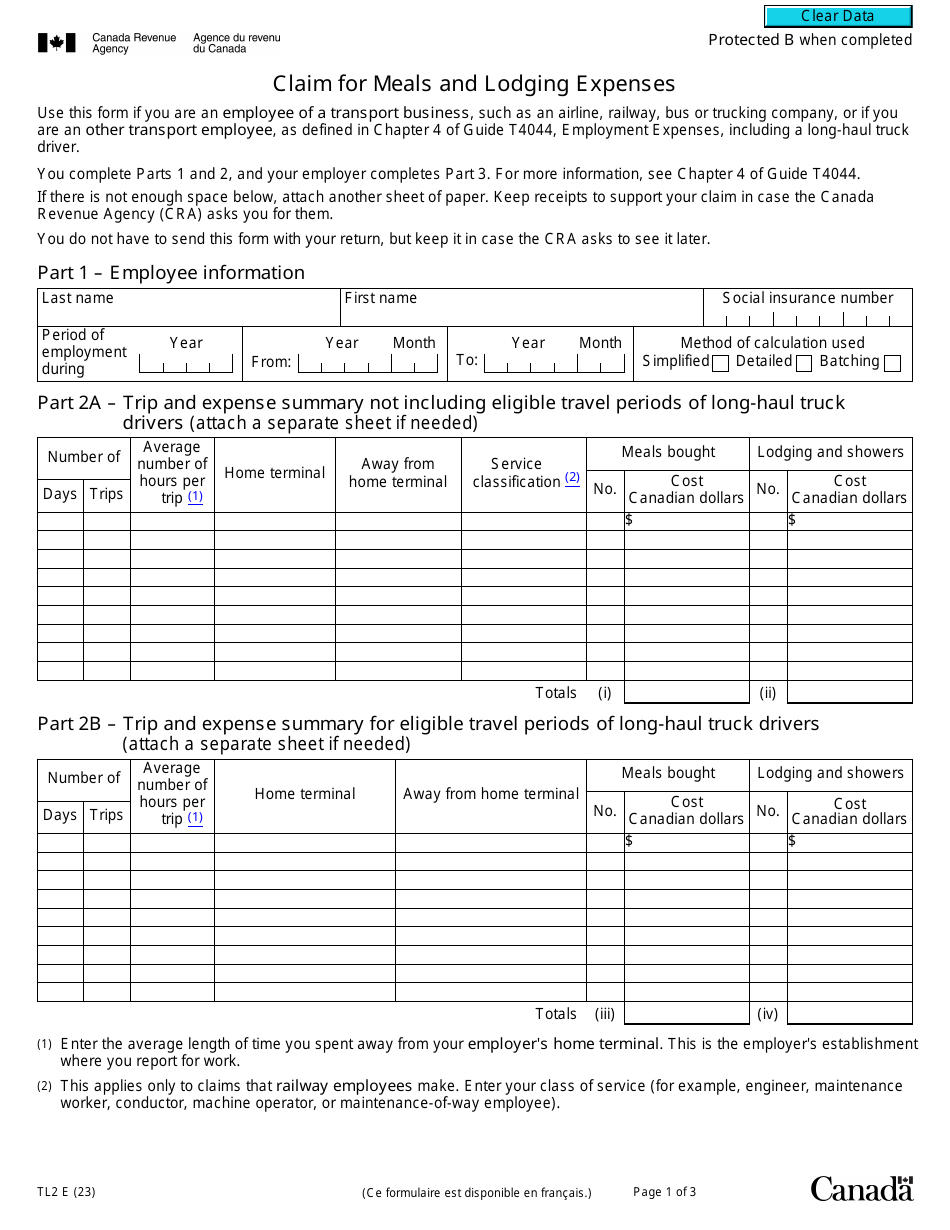 Form TL2 Claim for Meals and Lodging Expenses - Canada, Page 1