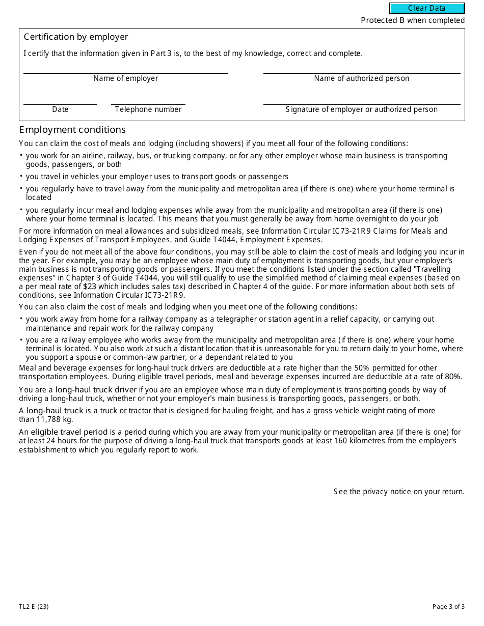 Form TL2 Claim for Meals and Lodging Expenses - Canada, Page 3