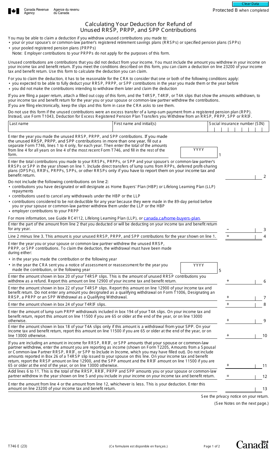 Form T746 Calculating Your Deduction for Refund of Unused Rrsp, Prpp, and Spp Contributions - Canada, Page 1