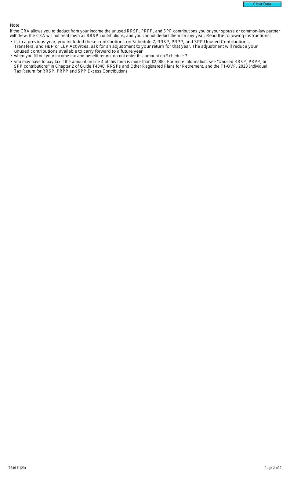 Form T746 Calculating Your Deduction for Refund of Unused Rrsp, Prpp, and Spp Contributions - Canada, Page 2