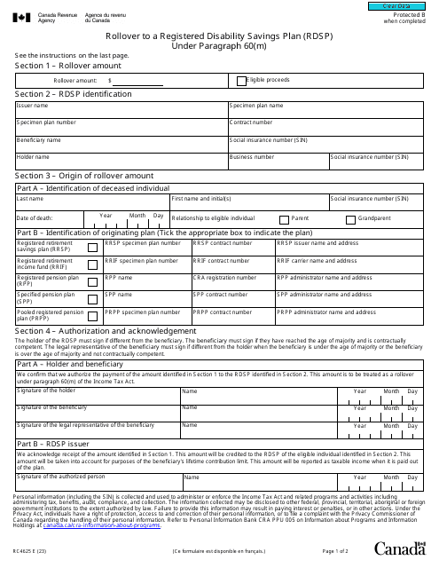 Form RC4625 Rollover to a Registered Disability Savings Plan (Rdsp) Under Paragraph 60(M) - Canada