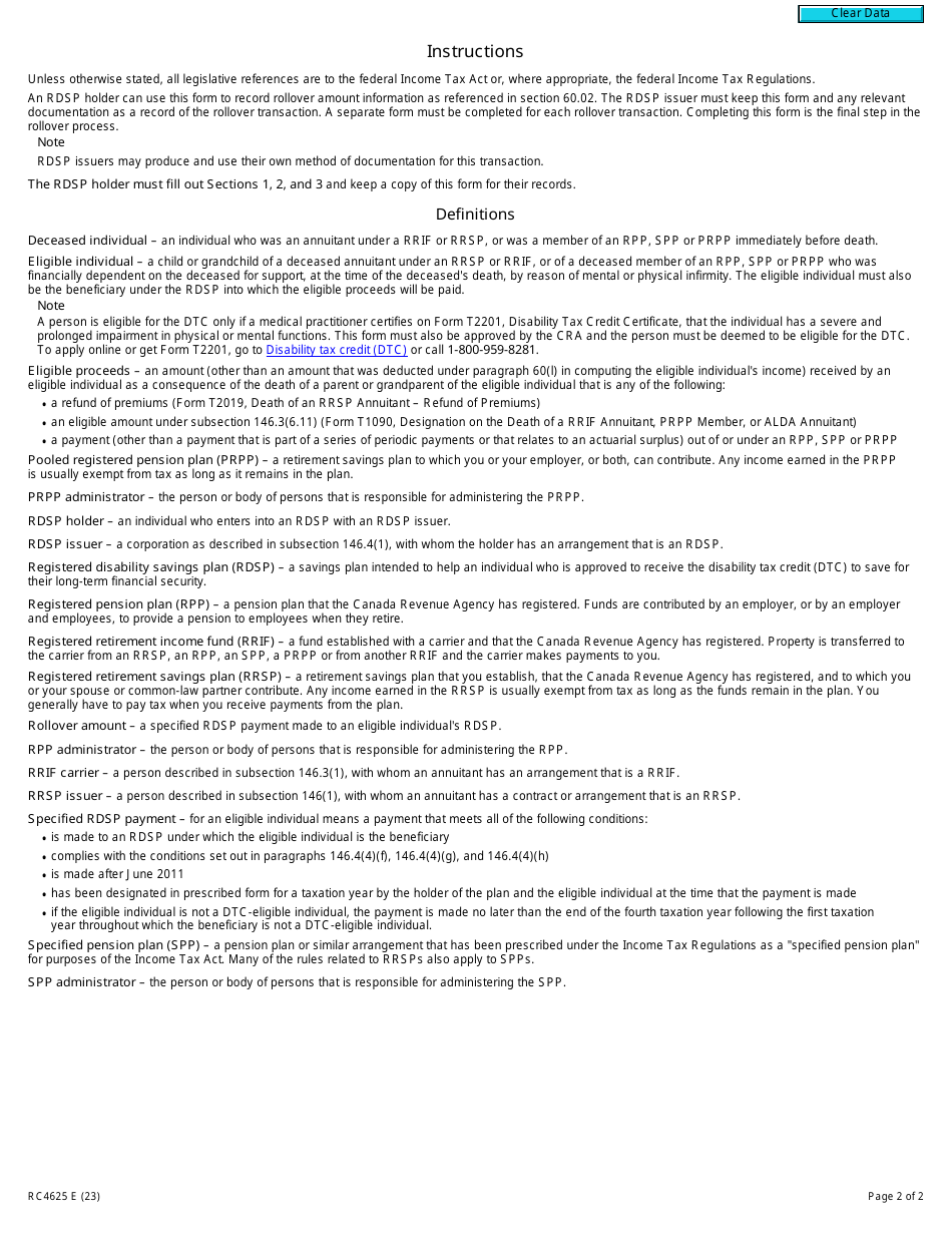 Form RC4625 Rollover to a Registered Disability Savings Plan (Rdsp) Under Paragraph 60(M) - Canada, Page 2