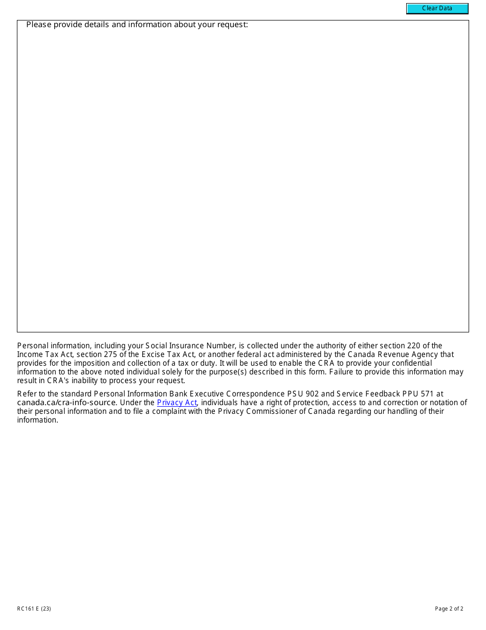 Form RC161 Authorization for Parliamentarians - Canada, Page 2