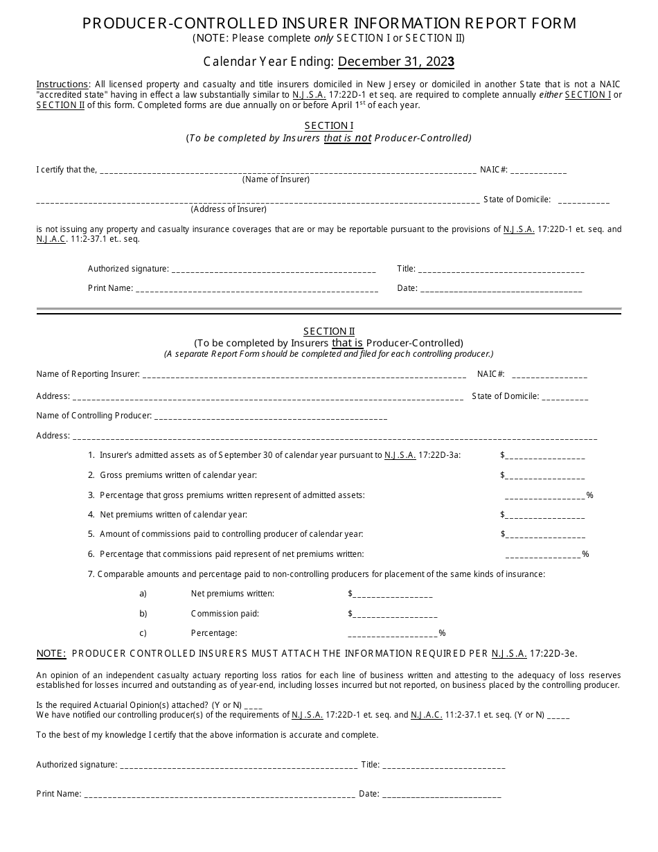 Producer-Controlled Insurer Information Report Form - New Jersey, Page 1