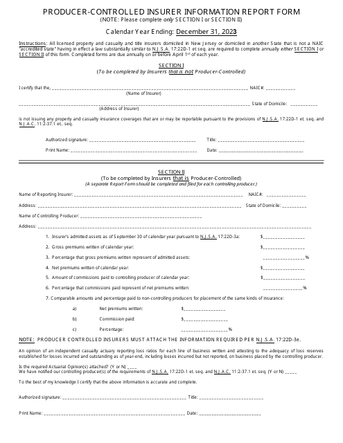 Producer-Controlled Insurer Information Report Form - New Jersey Download Pdf