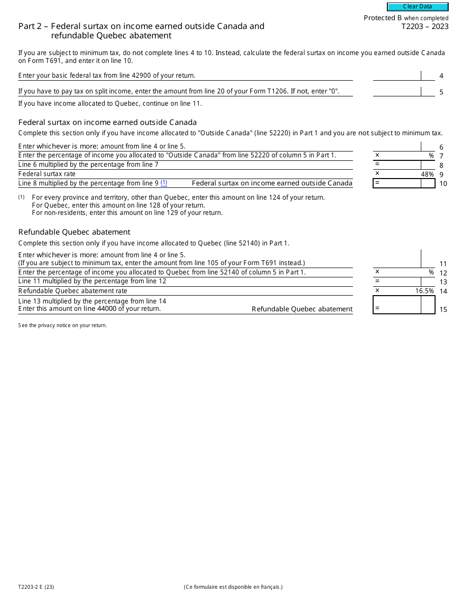 Form T2203 Part 2 Federal Surtax on Income Earned Outside Canada and Refundable Quebec Abatement - Canada, Page 1