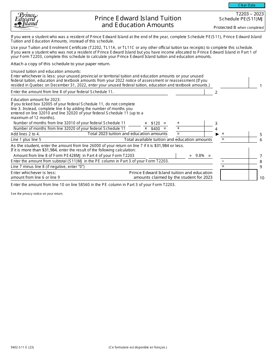 Form T2203 (9402-S11) Schedule PE(S11)MJ - 2023 - Fill Out, Sign Online ...