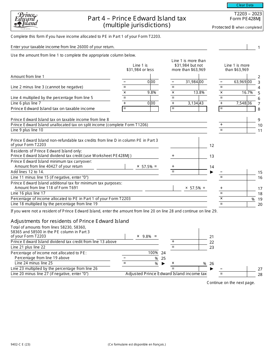 Form T2203 (9402-C; PE428MJ) Part 4 Prince Edward Island Tax (Multiple Jurisdictions) - Canada, Page 1