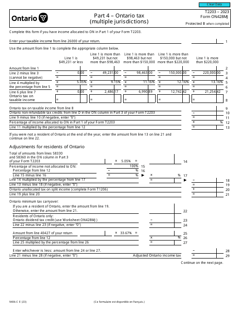 Form T2203 (9406-C; ON428MJ) Part 4 Ontario Tax (Multiple Jurisdictions) - Canada, 2023