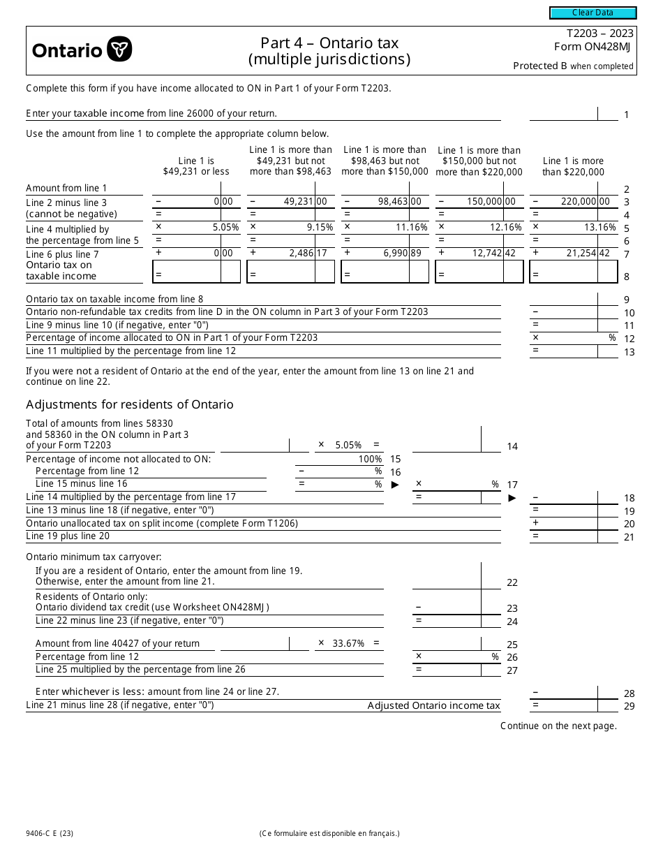 Form T2203 (9406-C; ON428MJ) Part 4 Ontario Tax (Multiple Jurisdictions) - Canada, Page 1