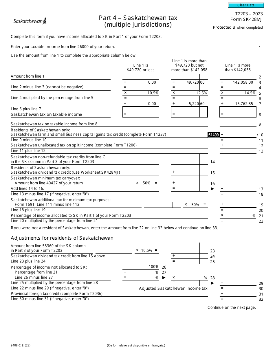Form T2203 (9408-C; SK428MJ) Part 4 Saskatchewan Tax (Multiple Jurisdictions) - Canada, Page 1