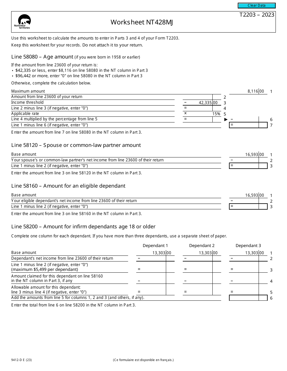 Form T2203 (9412-D) Worksheet NT428MJ Northwest Territories - Canada, Page 1