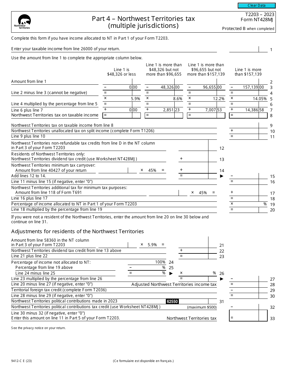 Form T2203 (NT428MJ; 9412-C) Part 4 Northwest Territories Tax (Multiple Jurisdictions) - Canada, Page 1
