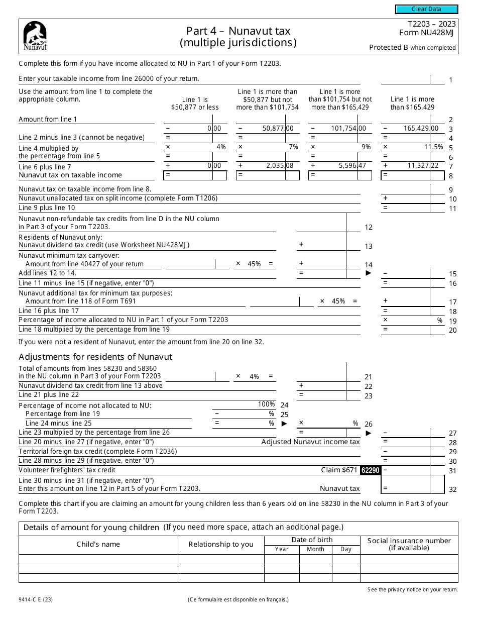 Form T2203 (9414-C; NU428MJ) Nunavut Tax (Multiple Jurisdictions) - Canada, Page 1