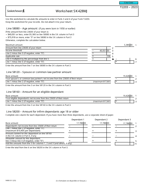 Form T2203 (9408-D) Worksheet SK428MJ 2023 Printable Pdf