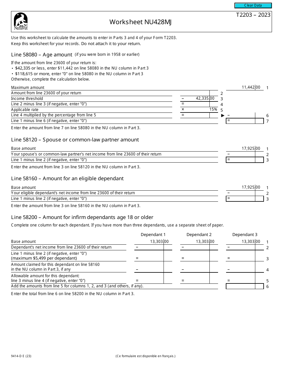 Form T2203 (9414-D) Worksheet NU428MJ Nunavut - Canada, Page 1