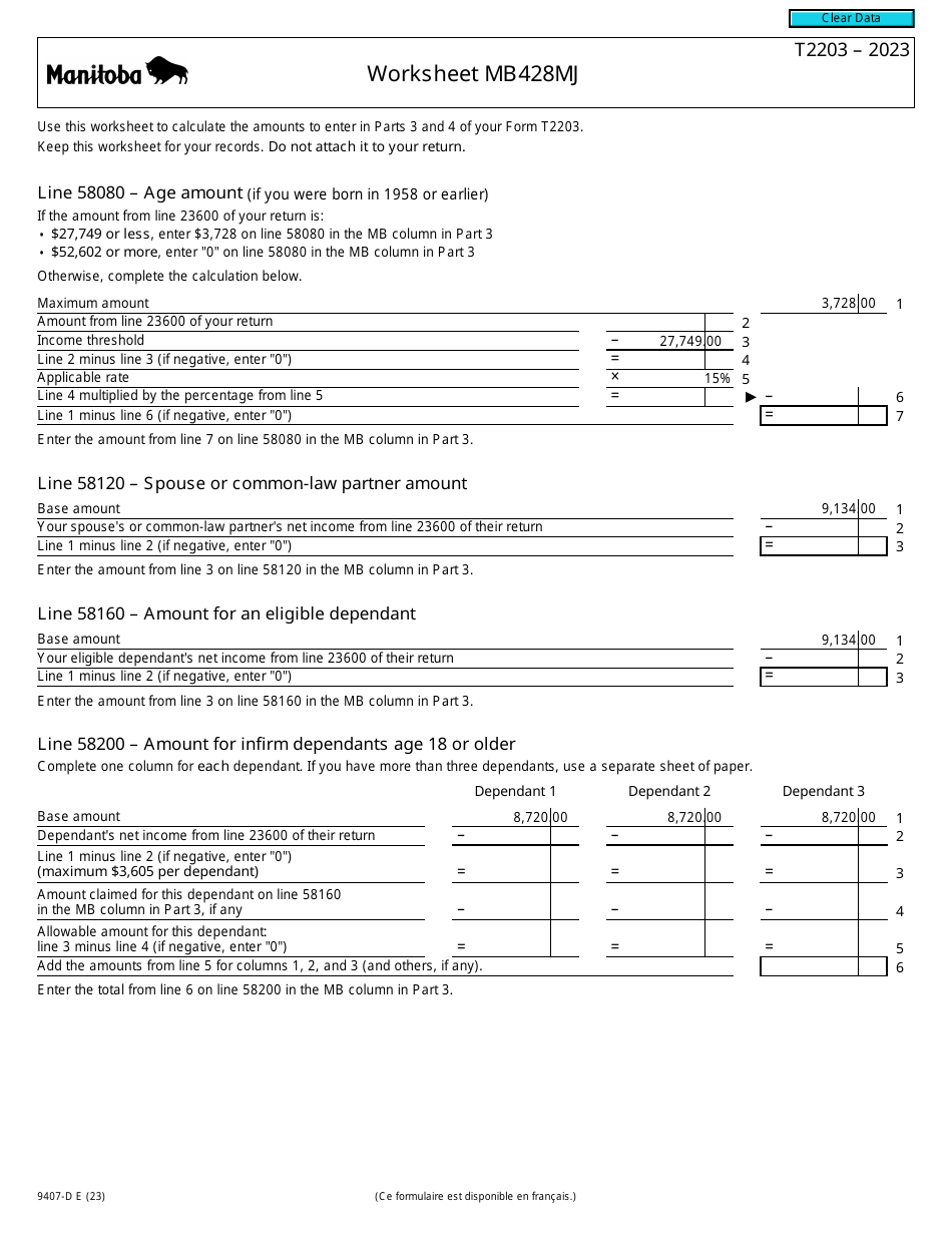 Form T2203 (9407-D) Worksheet MB428MJ Manitoba - Canada, Page 1